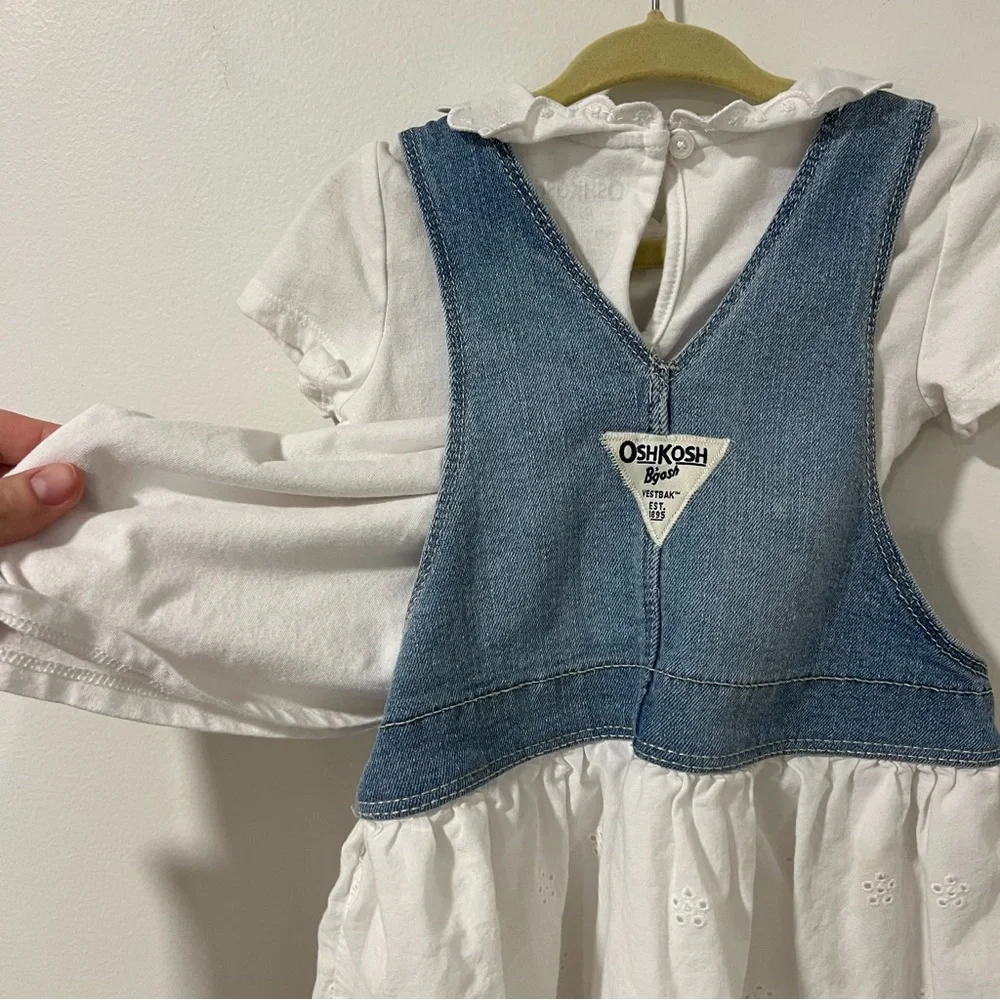 Osh Kosh B'Gosh Toddler Girl Blue Jean White Eyelet Bib Overall Dress Size 2T